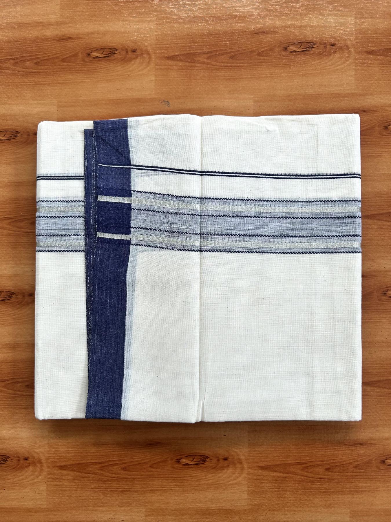Double Off White (Unbleached) Mundu/Dhoti - 20% Discount! Kaitharikada Pure Cotton - 60s - 1.75 inch Silver Kasav & Navy Blue Shaded Striped Kara 4 mtr (8.5 muzham) - 43 KK5460 PMC