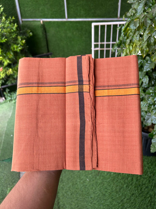Kerala Handloom Single  - KaithariKada 100% Pure Cotton - Mundu/Dhoti Kavi Body & 0.75 inch Orange & Black Kara - (2 meter / 4 muzham)- 50 KK8051 ELA