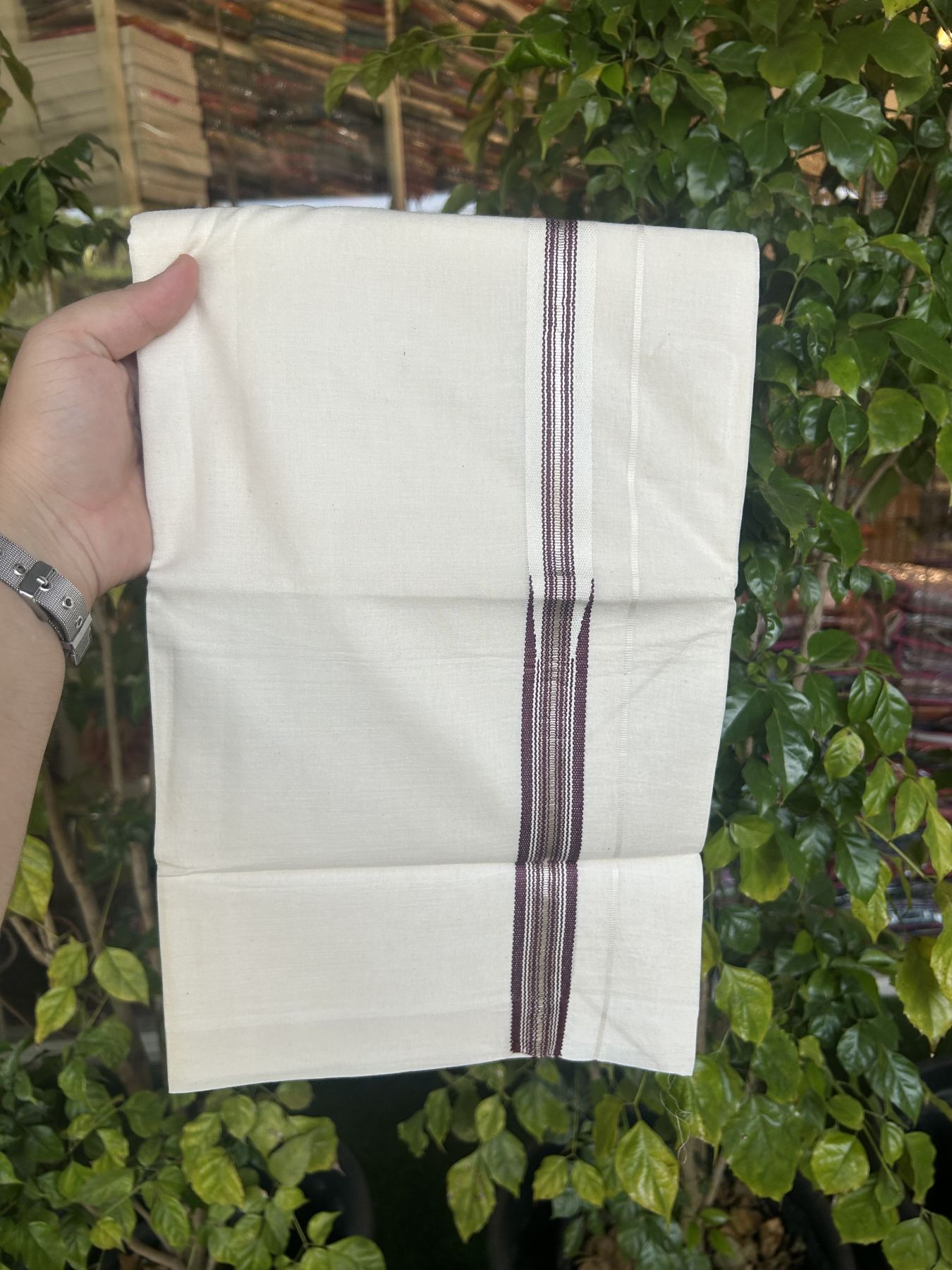 20% Discount!! KaithariKada Balaramapuram Pure Cotton Double Off White - (Unbleached) - Mundu/Dhoti - 100x80 - 1 inch Puliyilakkara Silver Kasav & Burnt Maroon Stripes One Side Chutty Kara 4 mtr (8.5 muzham) - 35 KK5311 VAS