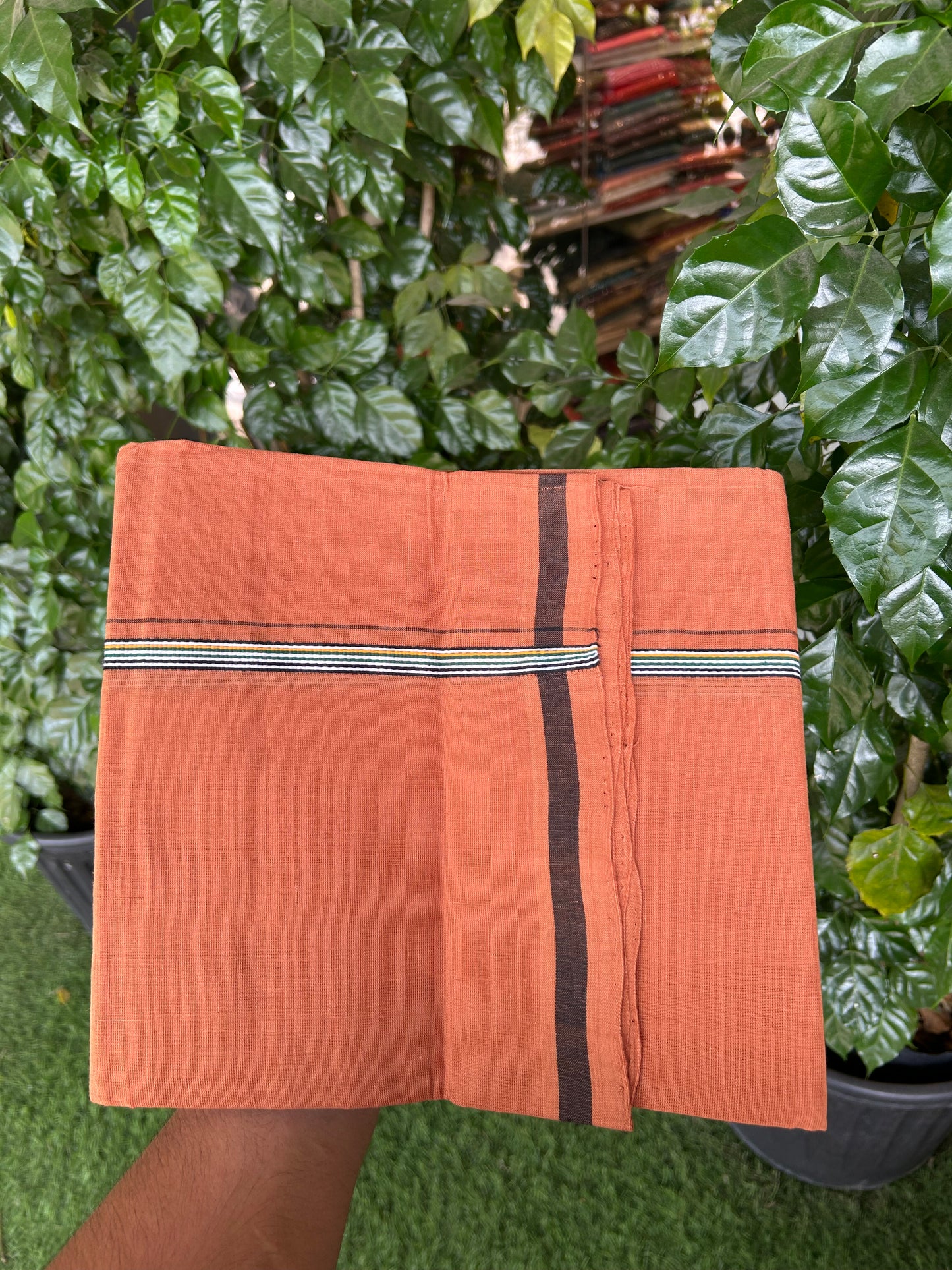 Kerala Handloom Single  - KaithariKada 100% Pure Cotton - Mundu/Dhoti Kavi Body & 0.75 inch Green Black & Yellow Striped Kara - (2 meter / 4 muzham)- 44 KK8051 ELA