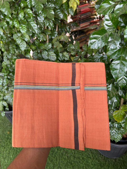 Kerala Handloom Single  - KaithariKada 100% Pure Cotton - Mundu/Dhoti Kavi Body & 0.75 inch Green Black & Yellow Striped Kara - (2 meter / 4 muzham)- 44 KK8051 ELA