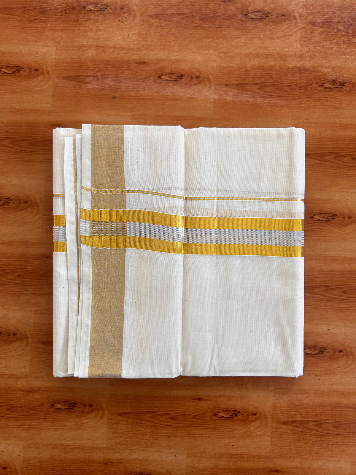 Off White (Unbleached) Double Mundu/Dhoti - 20% Discount ! KaithariKada - Mixed cotton - 80x72 - 1.5 inch Gold & Silver Kasav Striped Kara 4 mtr (8.5 muzham) - 23 KK5514 VIN