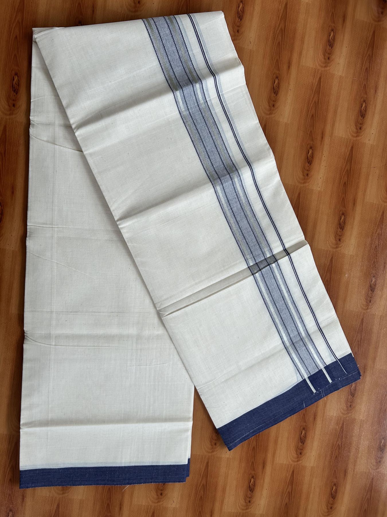Double Off White (Unbleached) Mundu/Dhoti - 20% Discount! Kaitharikada Pure Cotton - 60s - 1.75 inch Silver Kasav & Navy Blue Shaded Striped Kara 4 mtr (8.5 muzham) - 43 KK5460 PMC