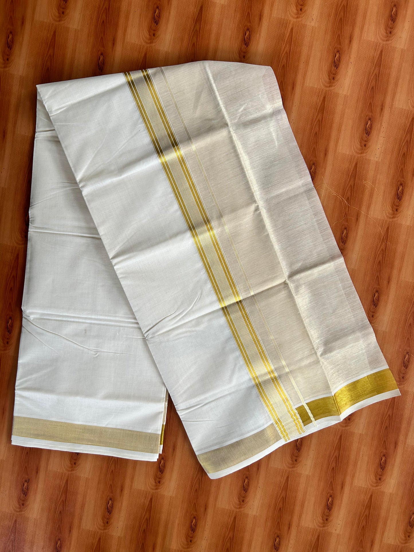 Double Off White Dhoti/Mund- 20% Discount! Kaitharikada Balaramapuram  Cotton - (60s) - 7.25 Inch Gold Kasav Tissue Striped Kara 4 mtr (8.5 muzham) - 3 KK5412 GAN