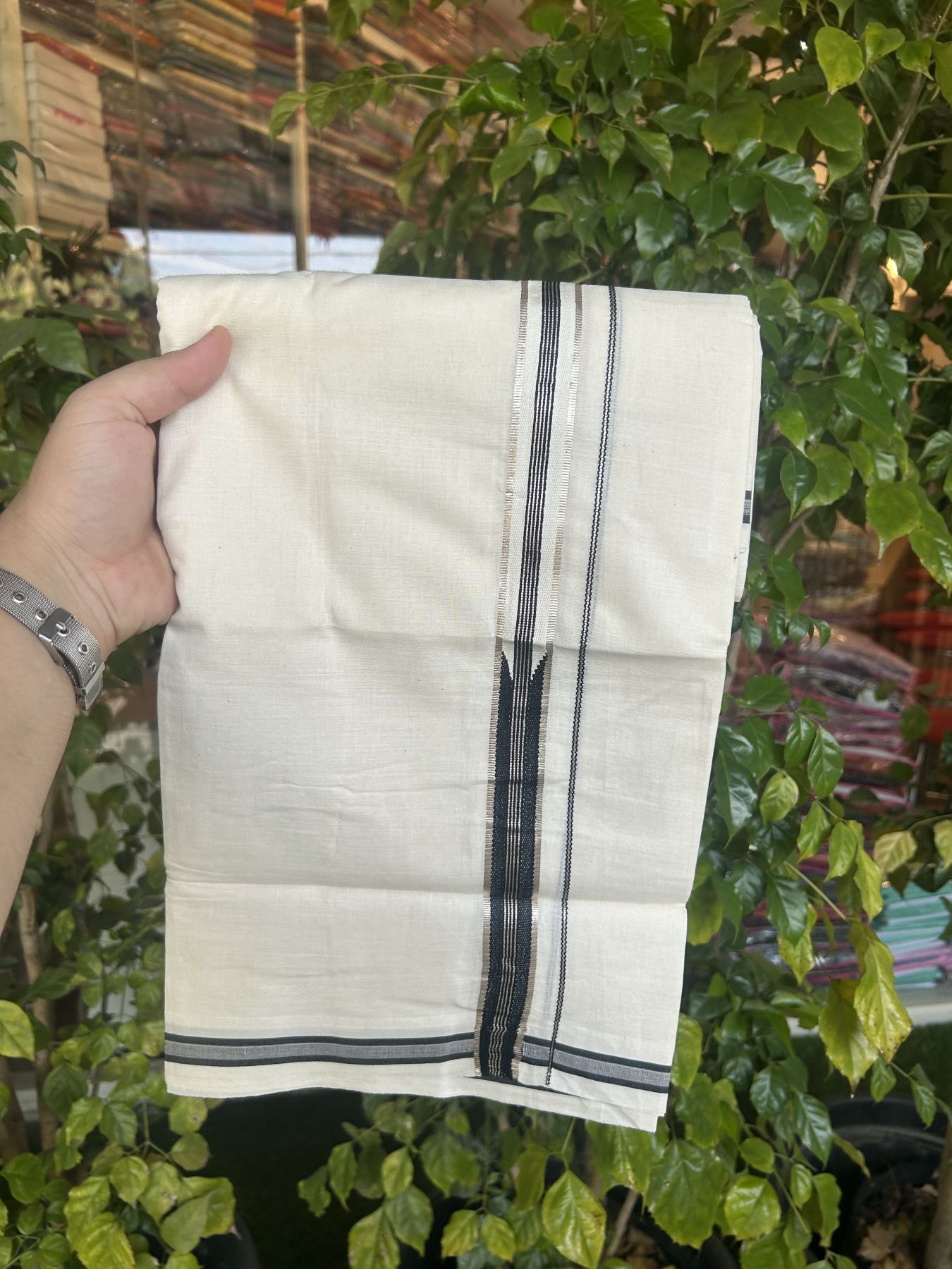 20% Discount!! KaithariKada Balaramapuram Pure Cotton Double Off White - (Unbleached) - Mundu/Dhoti - 100x80 - 1 inch Puliyilakkara Silver Kasav & Black Stripes One Side Chutty Kara 4 mtr (8.5 muzham) - 37 KK5311 VAS