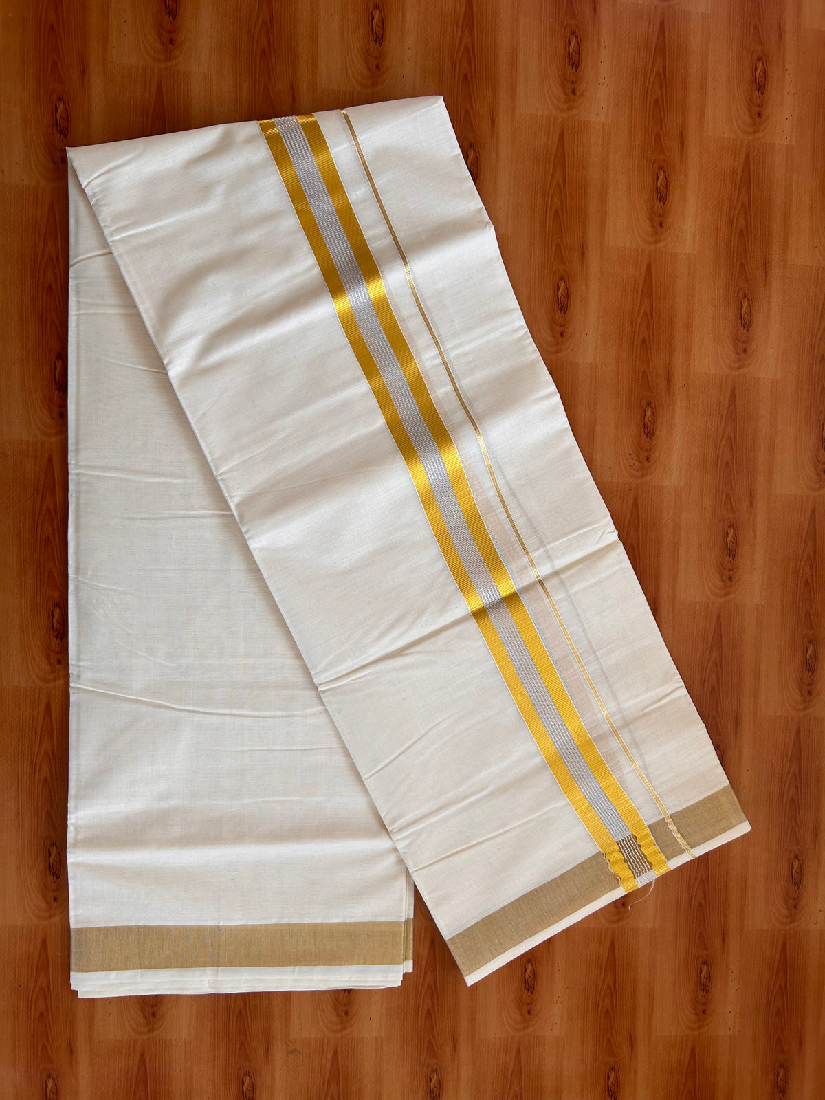 Off White (Unbleached) Double Mundu/Dhoti - 20% Discount ! KaithariKada - Mixed cotton - 80x72 - 1.5 inch Gold & Silver Kasav Striped Kara 4 mtr (8.5 muzham) - 23 KK5514 VIN