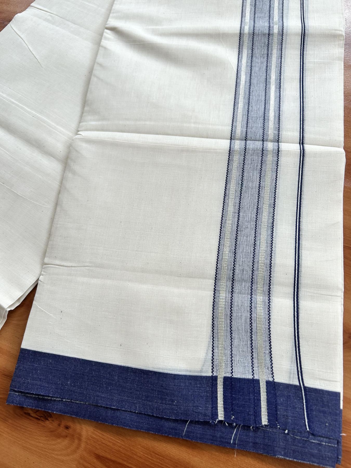 Double Off White (Unbleached) Mundu/Dhoti - 20% Discount! Kaitharikada Pure Cotton - 60s - 1.75 inch Silver Kasav & Navy Blue Shaded Striped Kara 4 mtr (8.5 muzham) - 43 KK5460 PMC