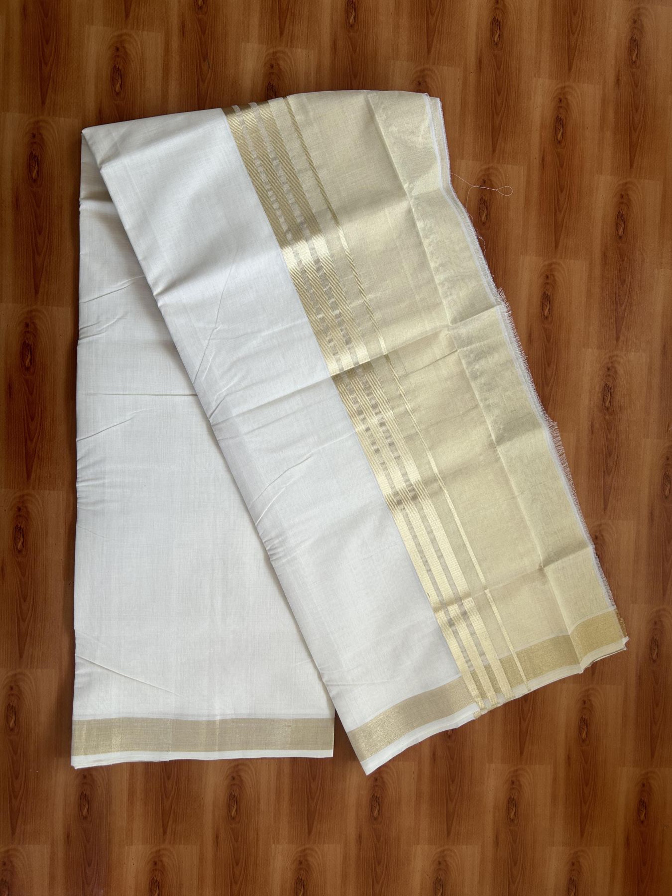25% Discount ! KaithariKada Handloom Unakkupaav Kerala Handloom - 100% Pure Cotton Off White (Unbleached) Double Mundu/Dhoti - 100x80 - 7 Inch Gold Kasav Half Tissue Kara 4 mtr (8.5 muzham) - 21 KK5384 ABH