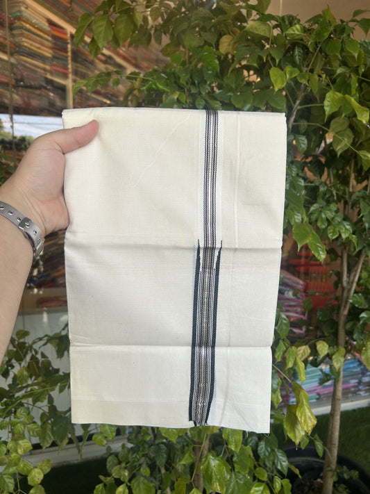 20% Discount!! KaithariKada Balaramapuram Pure Cotton Double Off White - (Unbleached) - Mundu/Dhoti - 100x80 - 1 inch Puliyilakkara Silver Kasav & Black Stripes One Side Chutty Kara 4 mtr (8.5 muzham) - 34 KK5311 VAS