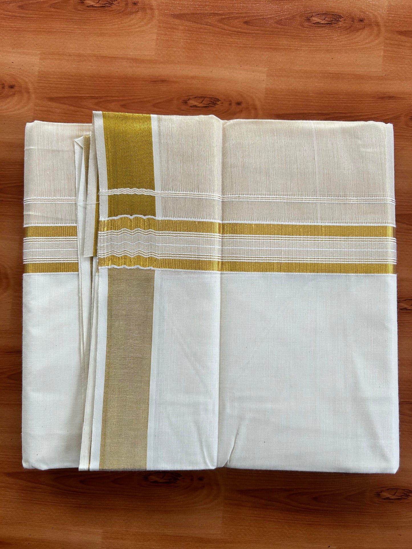 Double Off White Dhoti/Mund- 20% Discount! Kaitharikada Balaramapuram  Cotton - (60s) - 7.25 Inch Gold Kasav Tissue Striped Kara 4 mtr (8.5 muzham) - 6 KK5412 GAN