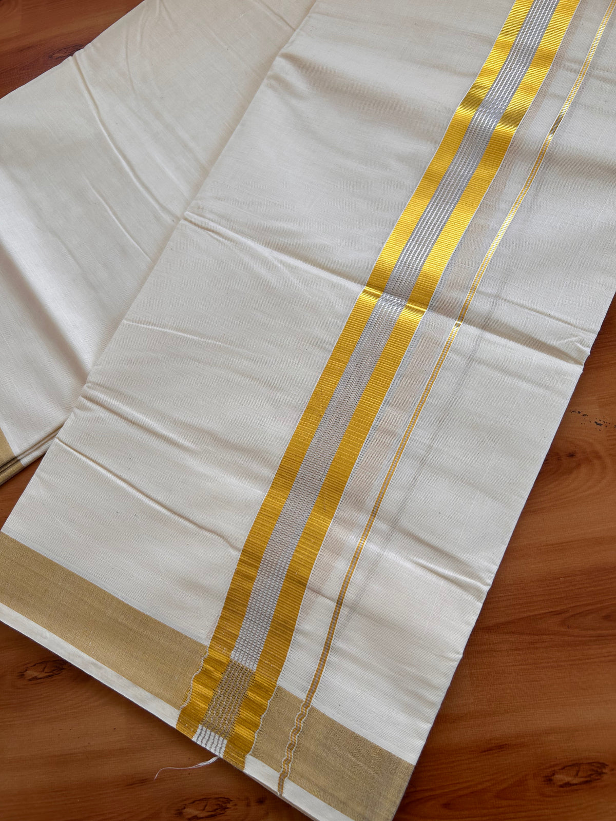 Off White (Unbleached) Double Mundu/Dhoti - 20% Discount ! KaithariKada - Mixed cotton - 80x72 - 1.5 inch Gold & Silver Kasav Striped Kara 4 mtr (8.5 muzham) - 23 KK5514 VIN