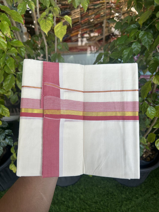 20% Discount! Kaitharikada Balaramapuram Double Off White Mundu/Dhoti - 80s - 1.25 Inch Gold Kasav & Dusty Peach Stripes Kara 4 mtr (8.5 muzham) - 1 KK5311 VAS