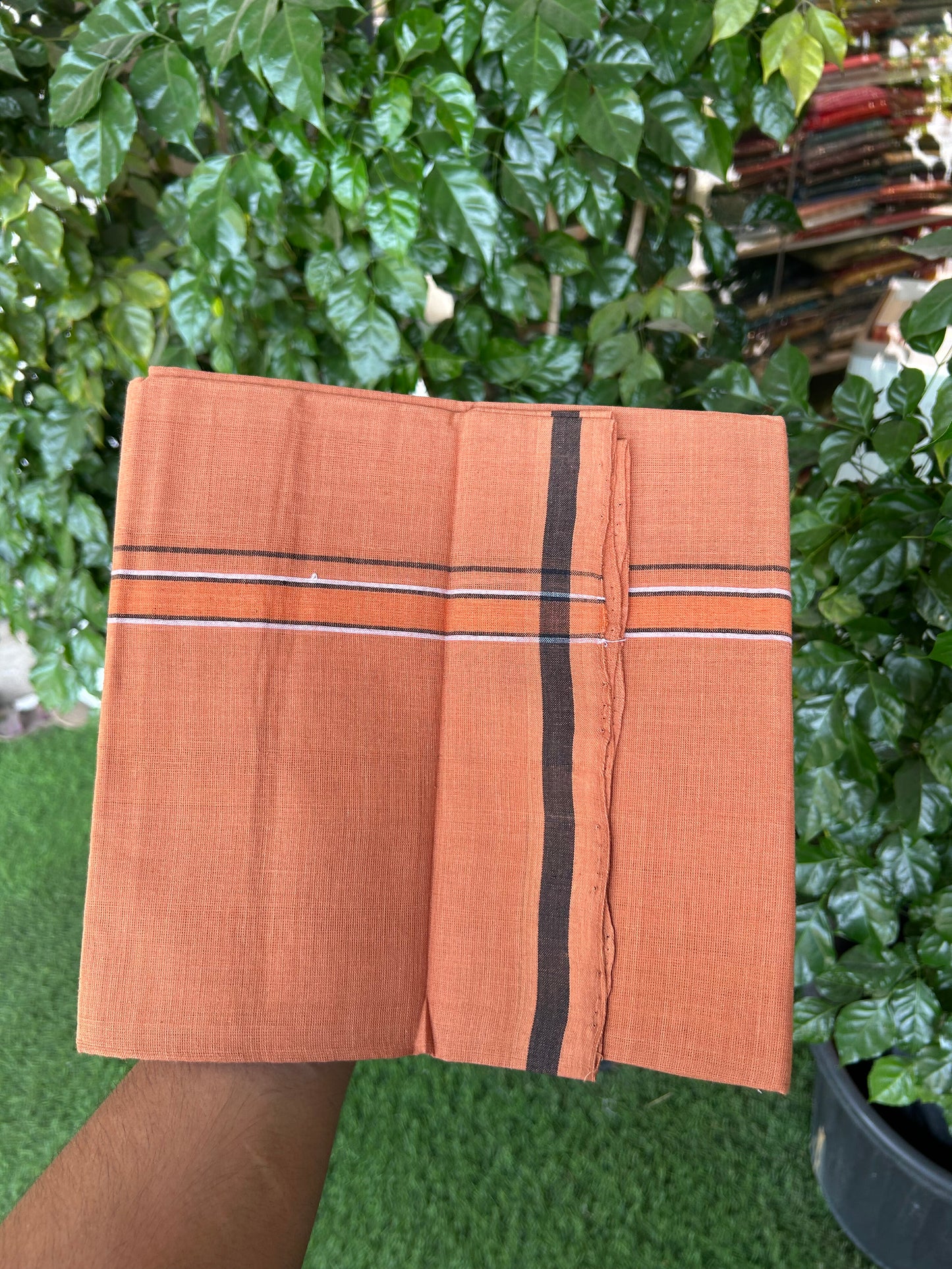 Kerala Handloom Single  - KaithariKada 100% Pure Cotton - Mundu/Dhoti Kavi Body & 0.75 inch Orange Black & White Striped Kara - (2 meter / 4 muzham)- 40 KK8051 ELA