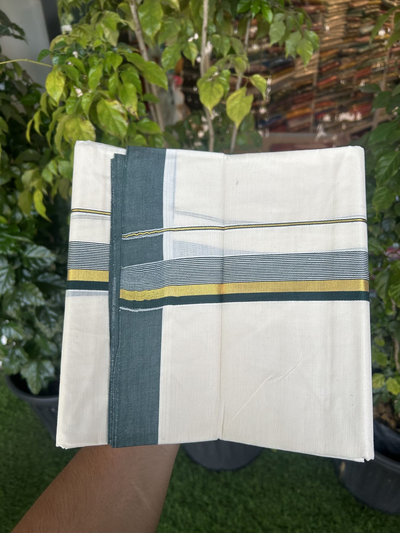 20% Discount! Kaitharikada Balaramapuram Double Off  White Mundu/Dhoti - 80s - 1.25 Inch Gold Kasav & Dark Green Stripes Kara 4 mtr (8.5 muzham) - 7 KK5311 VAS