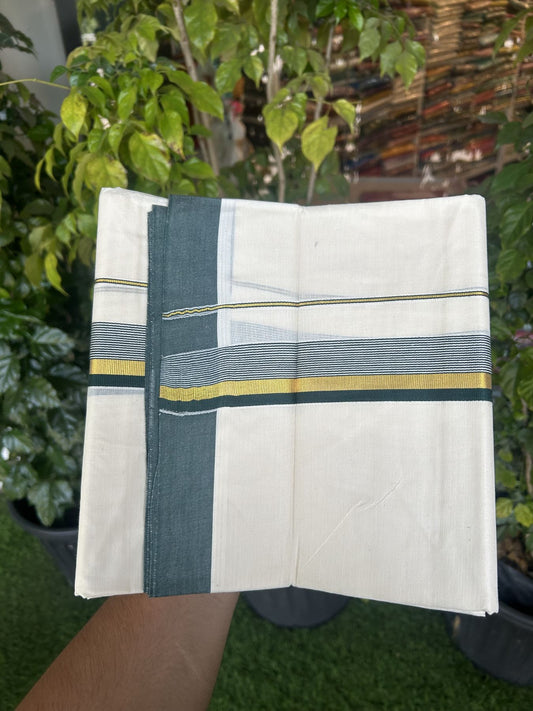20% Discount! Kaitharikada Balaramapuram Double Off  White Mundu/Dhoti - 80s - 1.25 Inch Gold Kasav & Dark Green Stripes Kara 4 mtr (8.5 muzham) - 7 KK5311 VAS