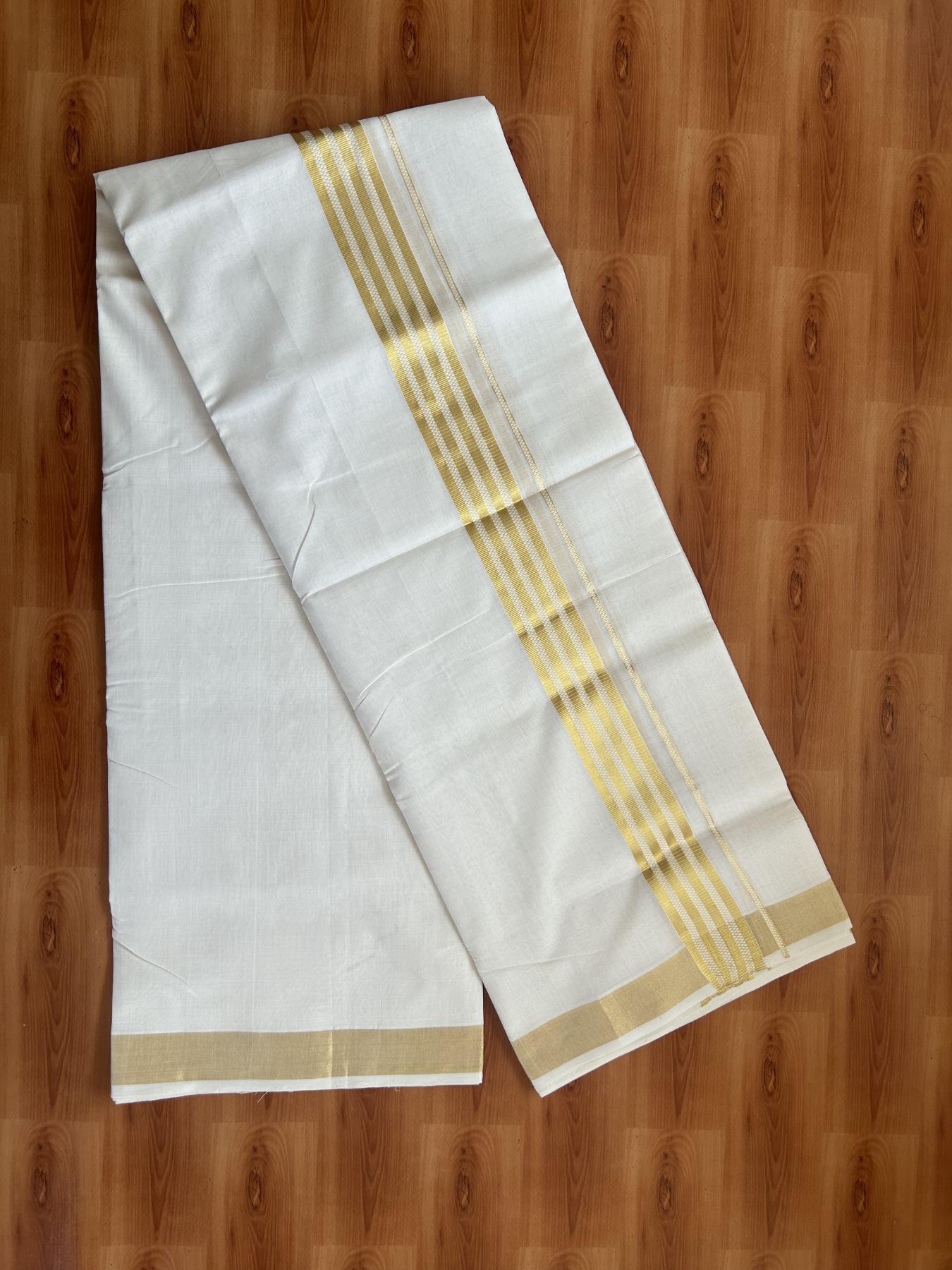 25% Discount ! KaithariKada Handloom Unakkupaav Kerala Handloom - 100% Pure Cotton Off White (Unbleached) Double Mundu/Dhoti - 100x80 - 1.75 Inch Gold Kasav Striped Design Kara 4 mtr (8.5 muzham) - 22 KK5384 ABH