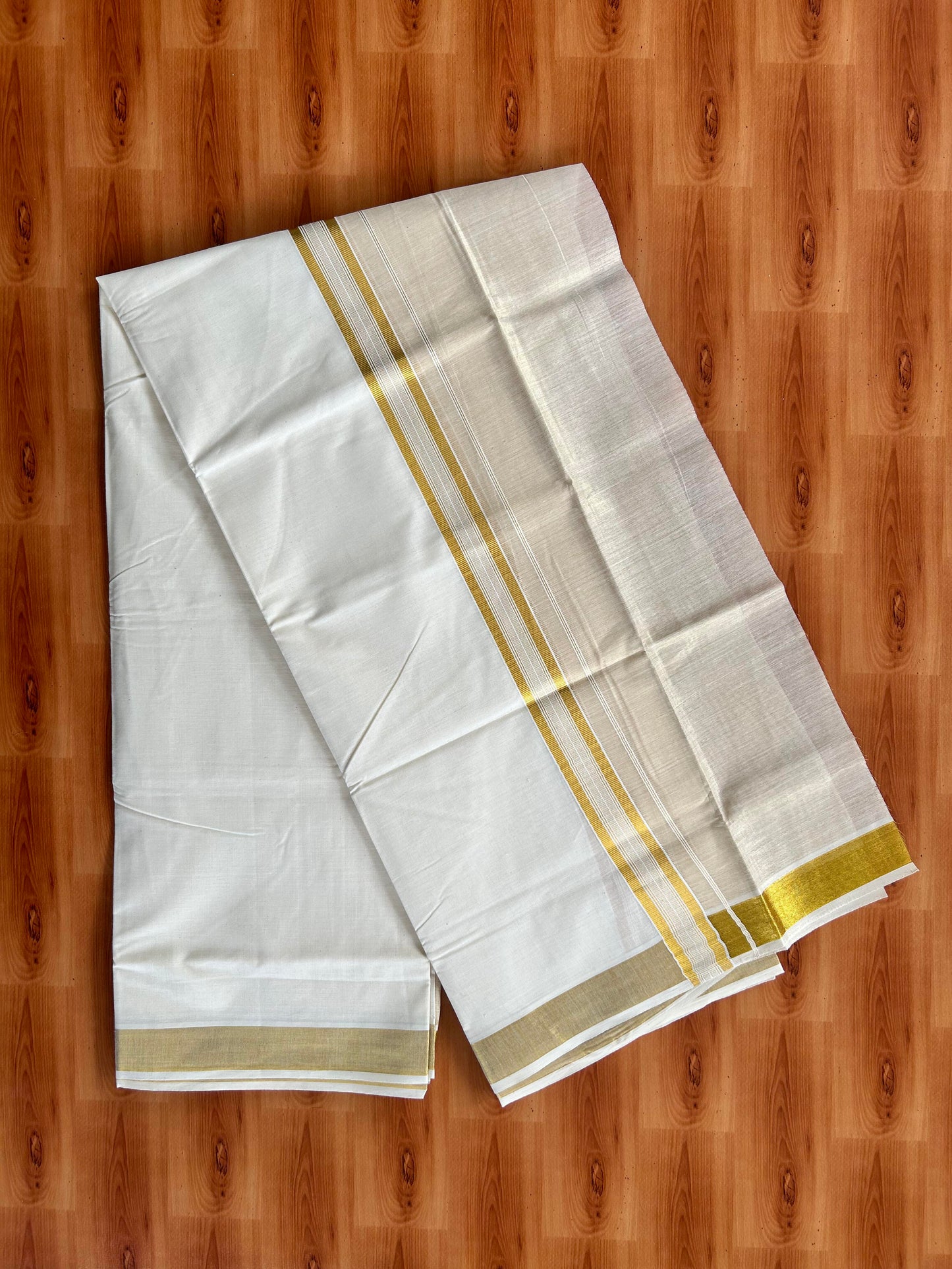Double Off White Dhoti/Mund- 20% Discount! Kaitharikada Balaramapuram  Cotton - (60s) - 7.25 Inch Gold Kasav Tissue Striped Kara 4 mtr (8.5 muzham) - 6 KK5412 GAN