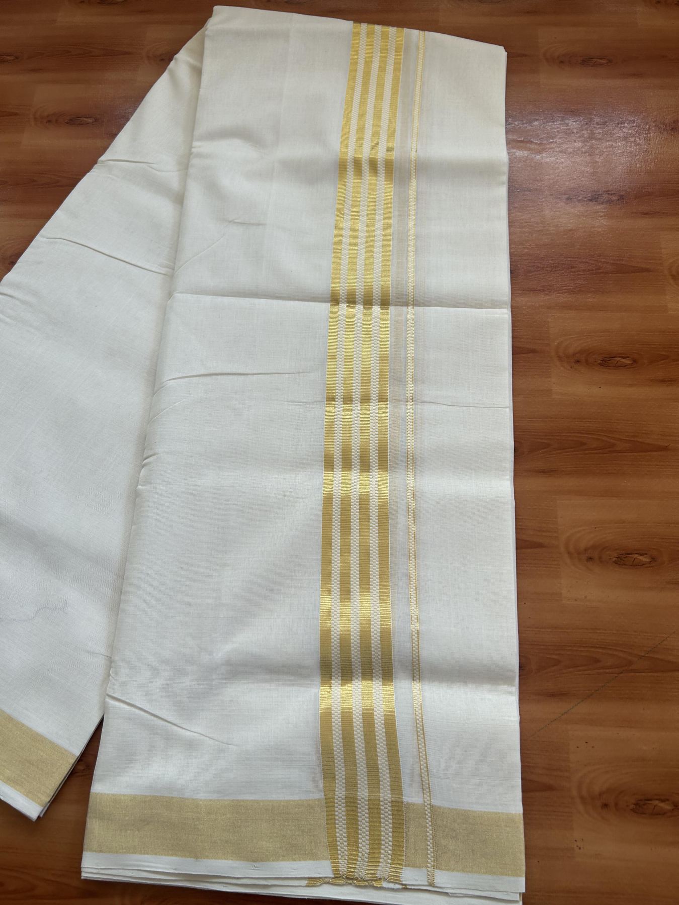 25% Discount ! KaithariKada Handloom Unakkupaav Kerala Handloom - 100% Pure Cotton Off White (Unbleached) Double Mundu/Dhoti - 100x80 - 1.75 Inch Gold Kasav Striped Design Kara 4 mtr (8.5 muzham) - 22 KK5384 ABH