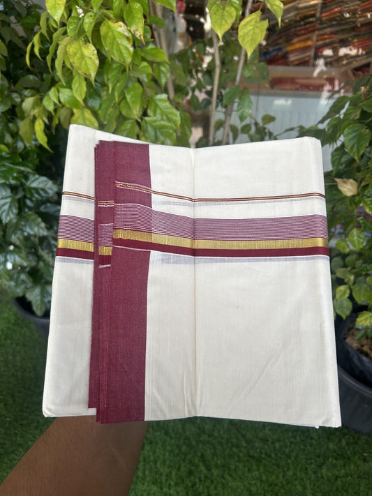 20% Discount! Kaitharikada Balaramapuram Double Off  White Mundu/Dhoti - 80s - 1.25 Inch Gold Kasav & Maroon Stripes Kara 4 mtr (8.5 muzham) - 6 KK5311 VAS