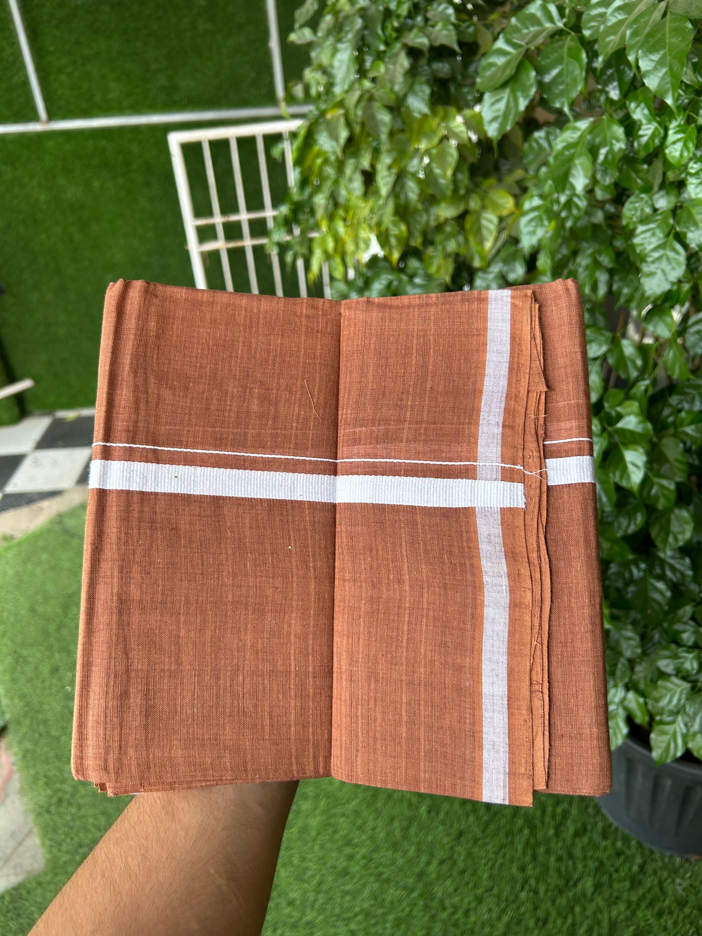 Kerala Handloom Single  - KaithariKada 100% Pure Cotton - Mundu/Dhoti Kavi Body & 0.75 inch White Kara - (2 meter / 4 muzham)- 57 KK8051 ELA