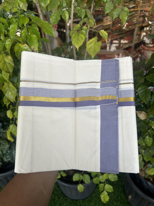 20% Discount! Kaitharikada Balaramapuram Double Off White Mundu/Dhoti - 80s - 1.25 Inch Gold Kasav & Purple Ash Stripes Kara 4 mtr (8.5 muzham) - 4 KK5311 VAS
