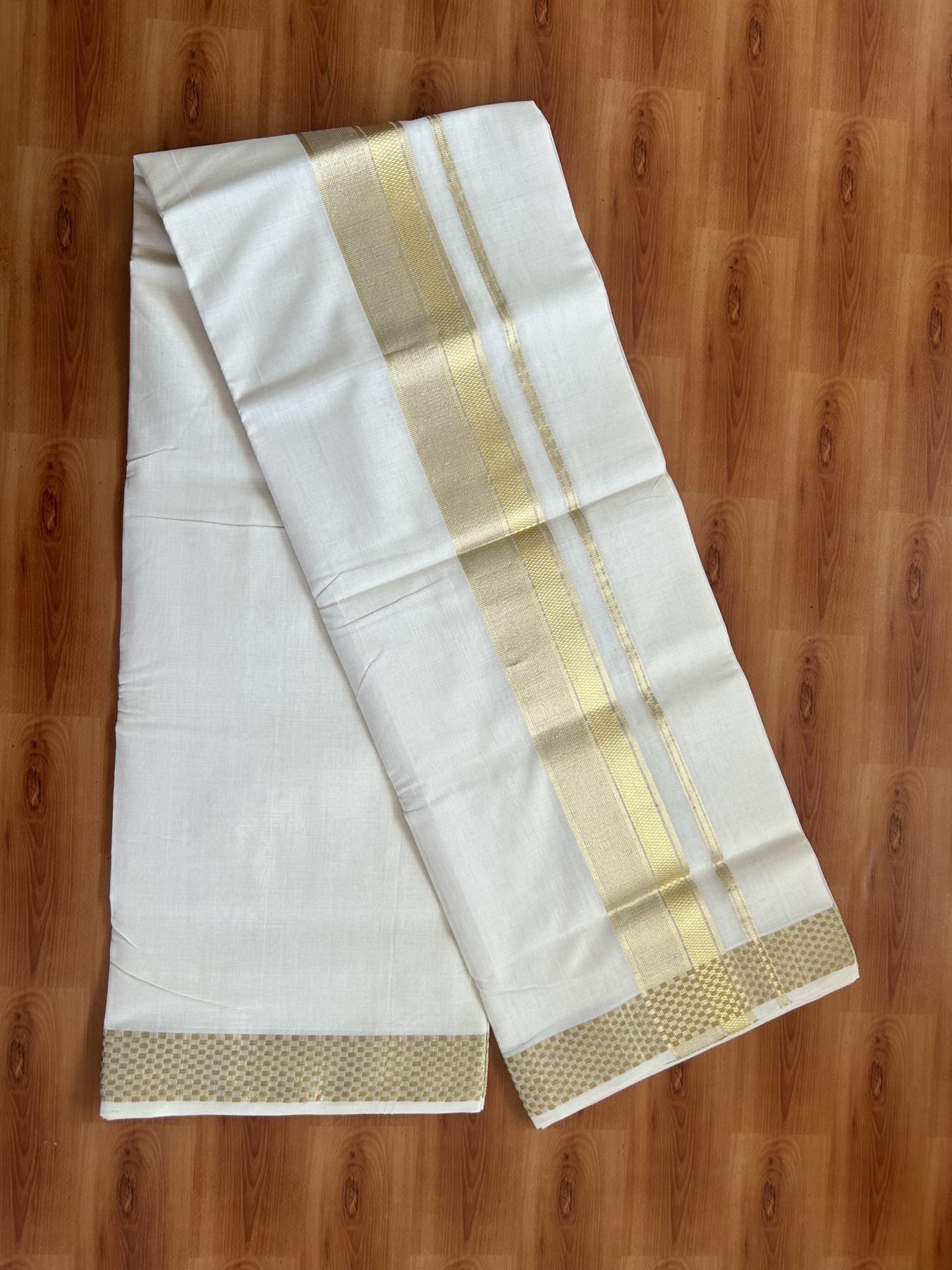 25% Discount ! KaithariKada Handloom Unakkupaav Kerala Handloom - 100% Pure Cotton Off White (Unbleached) Double Mundu/Dhoti - 100x80 - 2.5 Inch Light Gold Kasav Striped Design Kara 4 mtr (8.5 muzham) - 23 KK5384 ABH