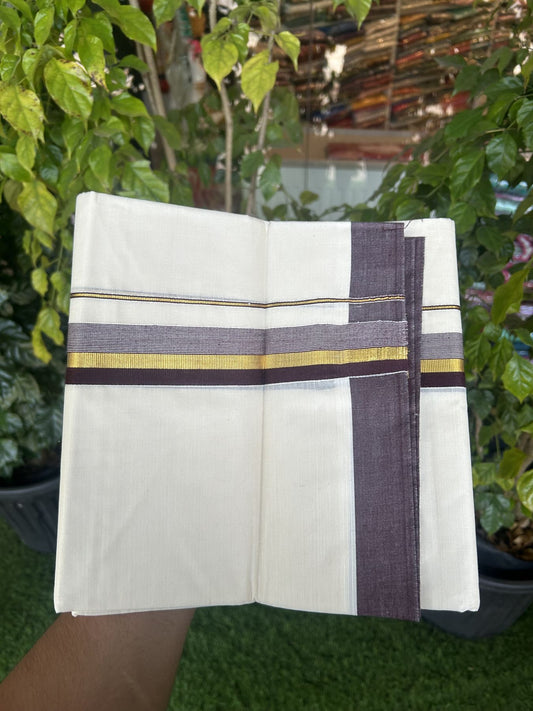 20% Discount! Kaitharikada Balaramapuram Double Off White Mundu/Dhoti - 80s - 1.25 Inch Gold Kasav & Brown Stripes Kara 4 mtr (8.5 muzham) - 3 KK5311 VAS