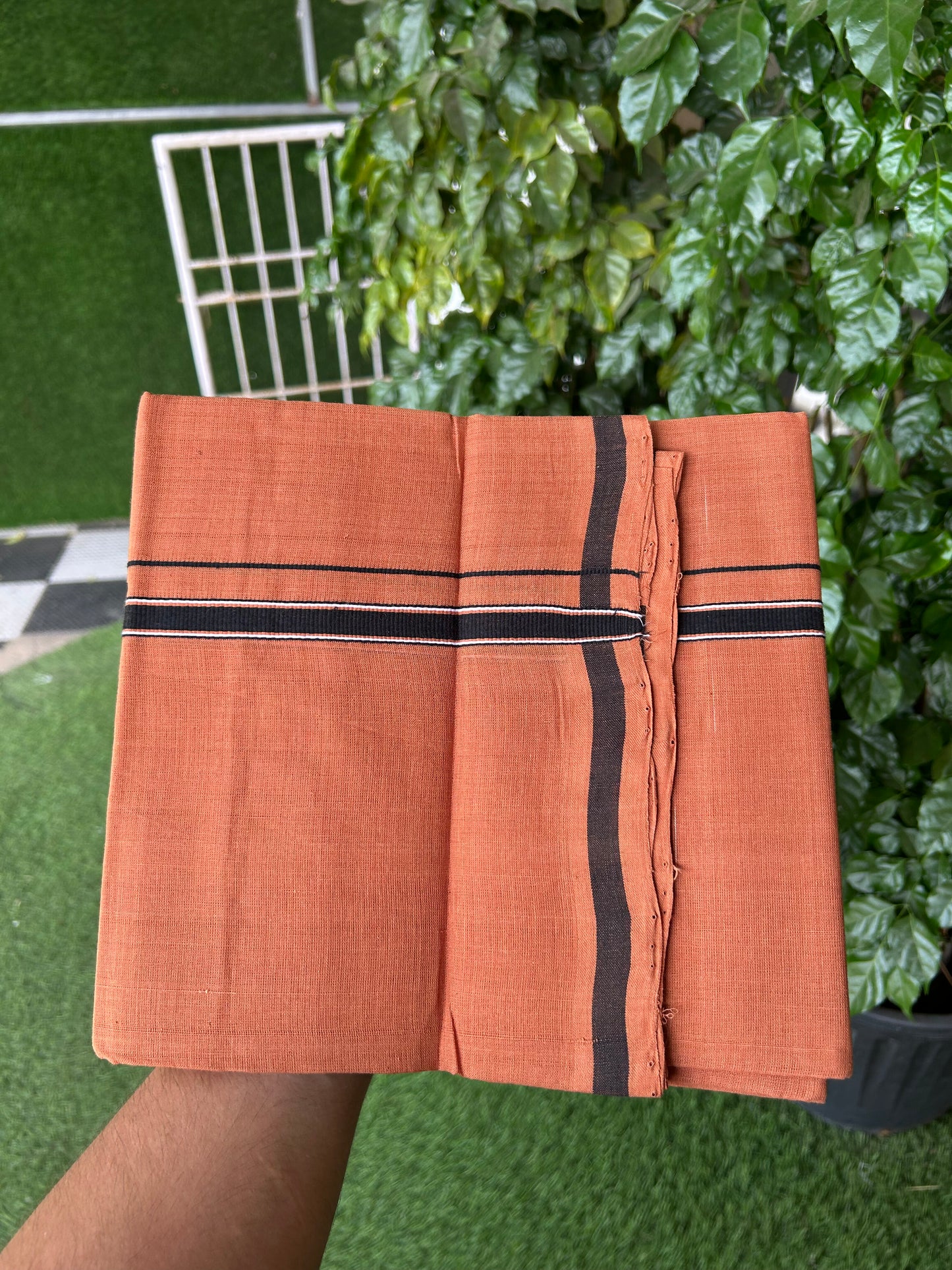 Kerala Handloom Single  - KaithariKada 100% Pure Cotton - Mundu/Dhoti Kavi Body & 0.75 inch Black & White Kara - (2 meter / 4 muzham)- 33 KK8051 ELA