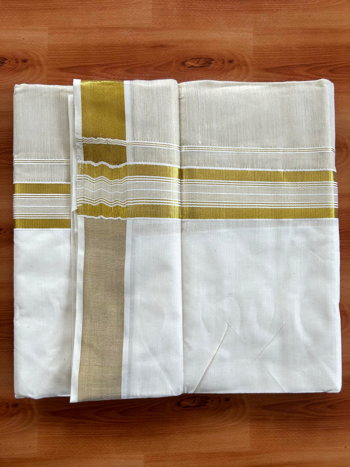 Double Off White Dhoti/Mund- 20% Discount! Kaitharikada Balaramapuram  Cotton - (60s) - 7.25 Inch Gold Kasav Tissue Striped Kara 4 mtr (8.5 muzham) - 5 KK5412 GAN