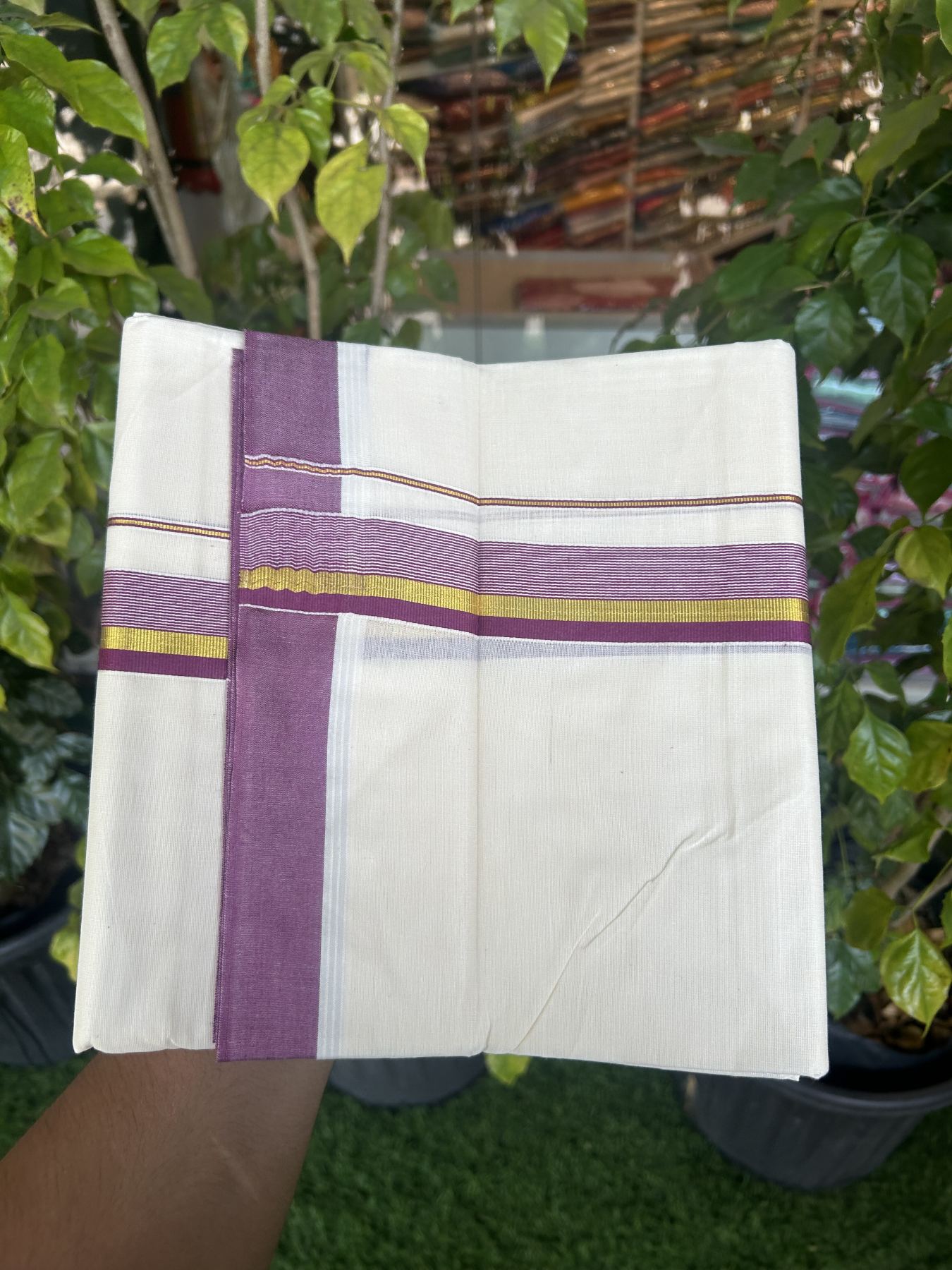 20% Discount! Kaitharikada Balaramapuram Double Off White Mundu/Dhoti - 80s - 1.25 Inch Gold Kasav & Grape Purple Stripes Kara 4 mtr (8.5 muzham) - 2 KK5311 VAS