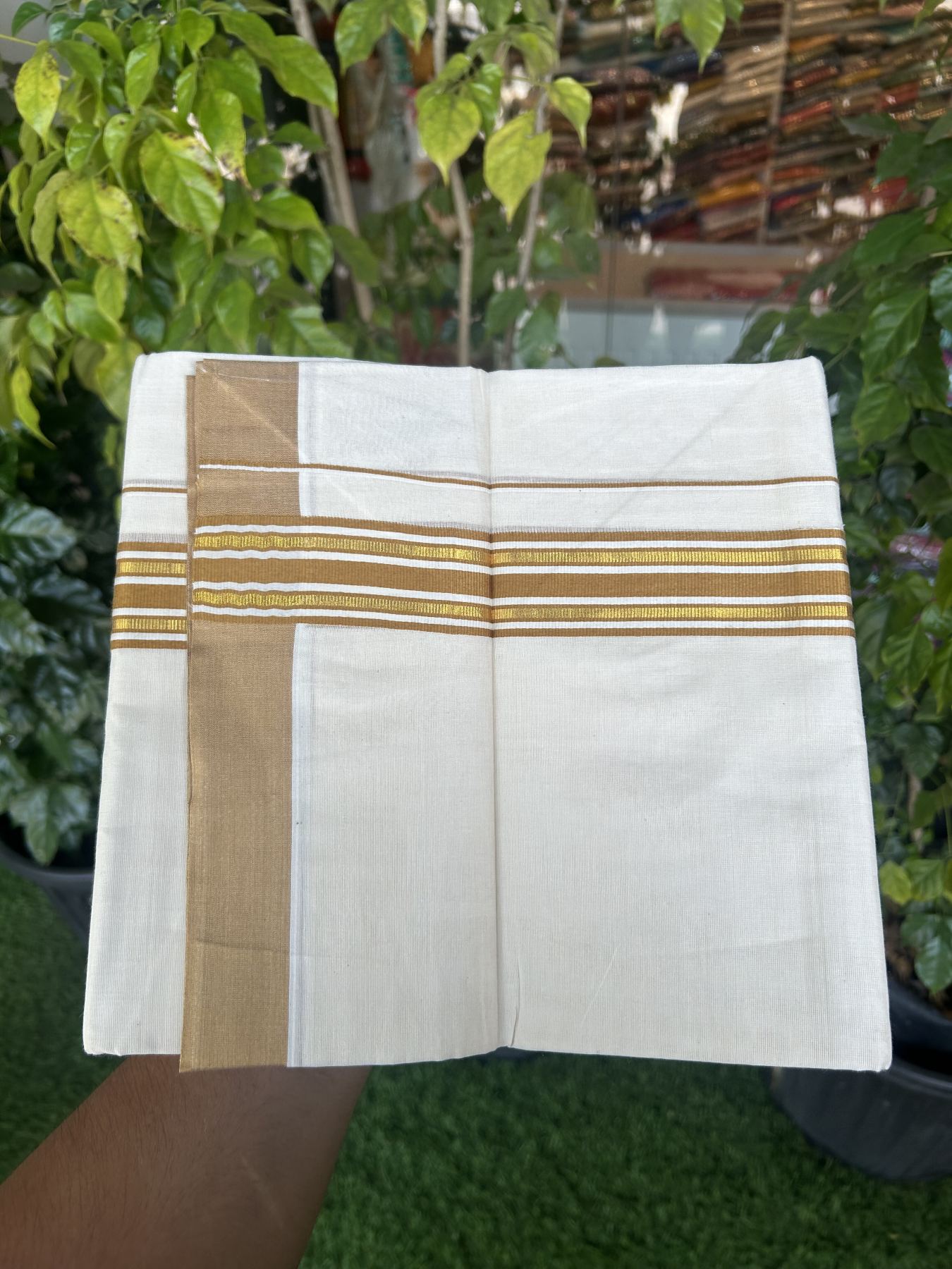 20% Discount! Kaitharikada Balaramapuram Double Off White Mundu/Dhoti - 80s - 1.5 Inch Gold Kasav & Golden Brown Shaded Stripes Kara 4 mtr (8.5 muzham) - 32 KK5311 VAS