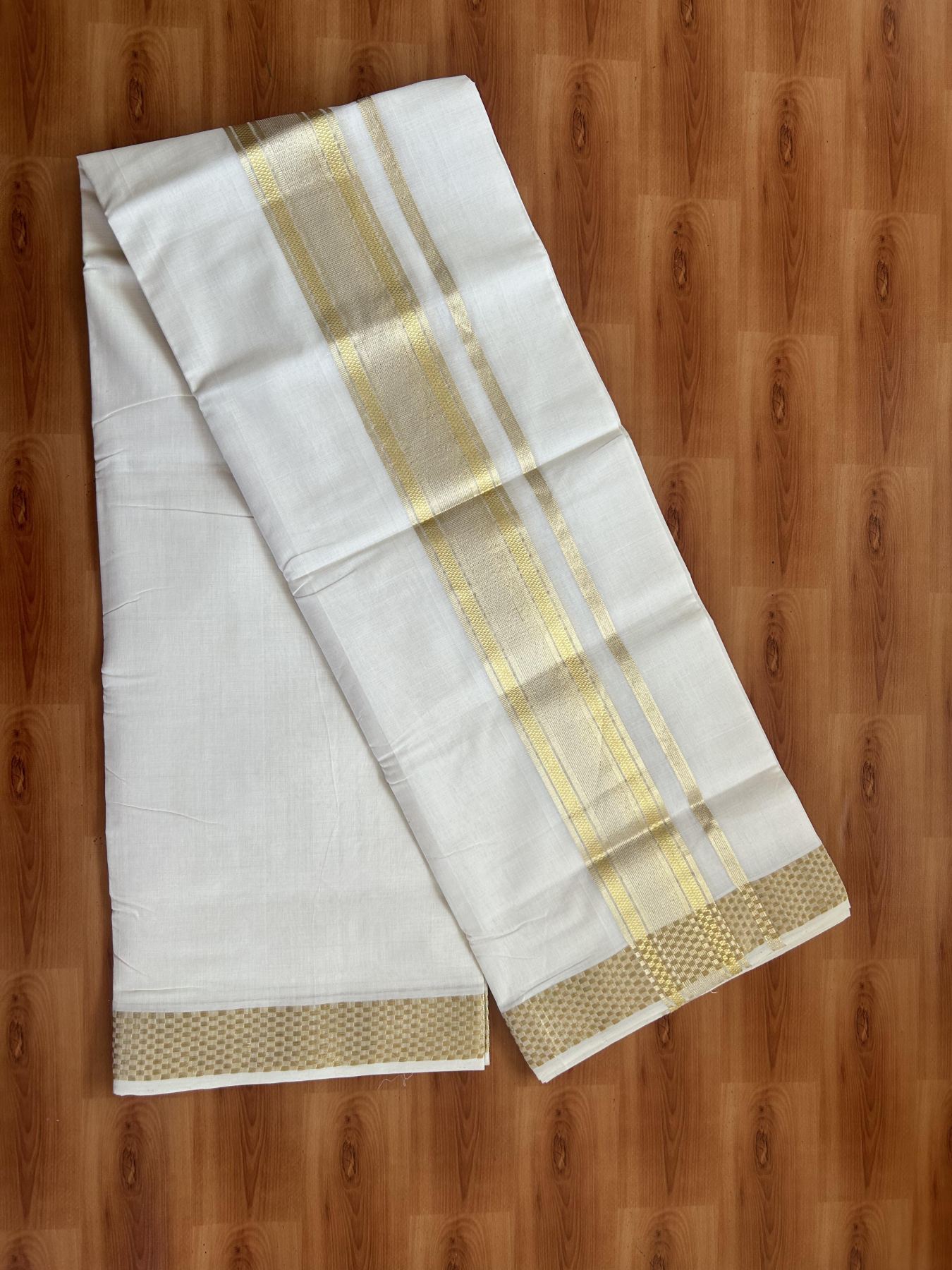 25% Discount ! KaithariKada Handloom Unakkupaav Kerala Handloom - 100% Pure Cotton Off White (Unbleached) Double Mundu/Dhoti - 100x80 - 2.5 Inch Light Gold Kasav Striped Jacquard Design Kara 4 mtr (8.5 muzham) - 24 KK5384 ABH