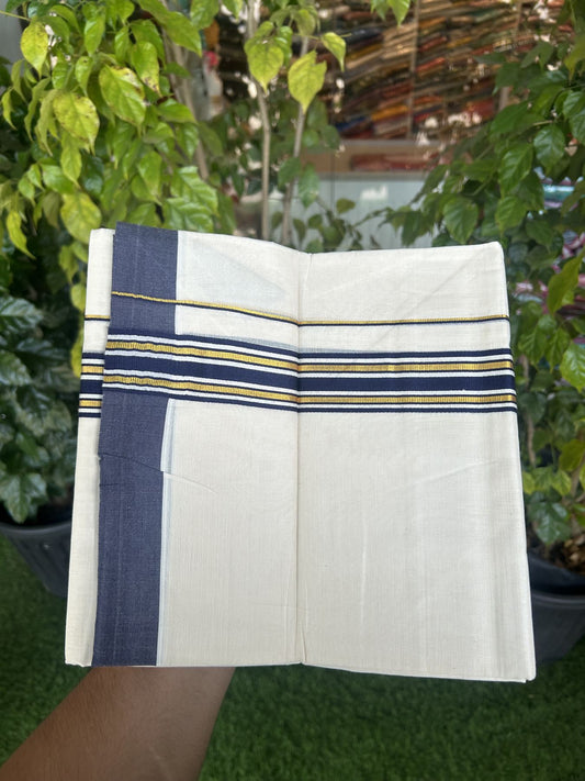 20% Discount! Kaitharikada Balaramapuram Double Off White Mundu/Dhoti - 80s - 1.5 Inch Gold Kasav & Navy Blue Shaded Stripes Kara 4 mtr (8.5 muzham) - 33 KK5311 VAS
