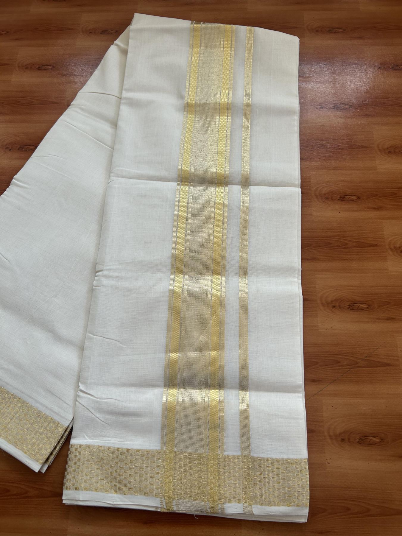 25% Discount ! KaithariKada Handloom Unakkupaav Kerala Handloom - 100% Pure Cotton Off White (Unbleached) Double Mundu/Dhoti - 100x80 - 2.5 Inch Light Gold Kasav Striped Jacquard Design Kara 4 mtr (8.5 muzham) - 24 KK5384 ABH