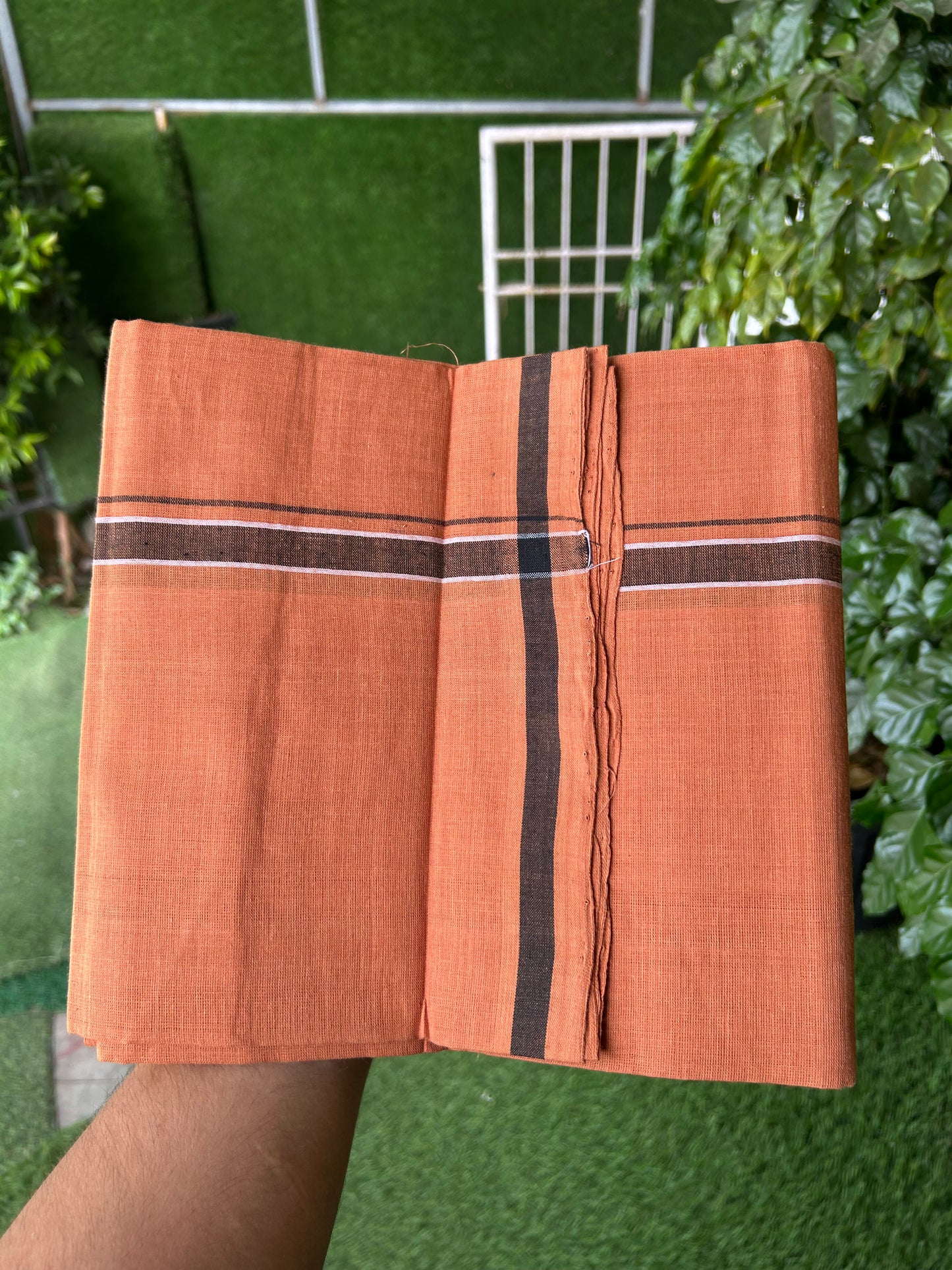 Kerala Handloom Single  - KaithariKada 100% Pure Cotton - Mundu/Dhoti Kavi Body & 0.75 inch Black & White Shaded Kara - (2 meter / 4 muzham)- 25 KK8051 ELA