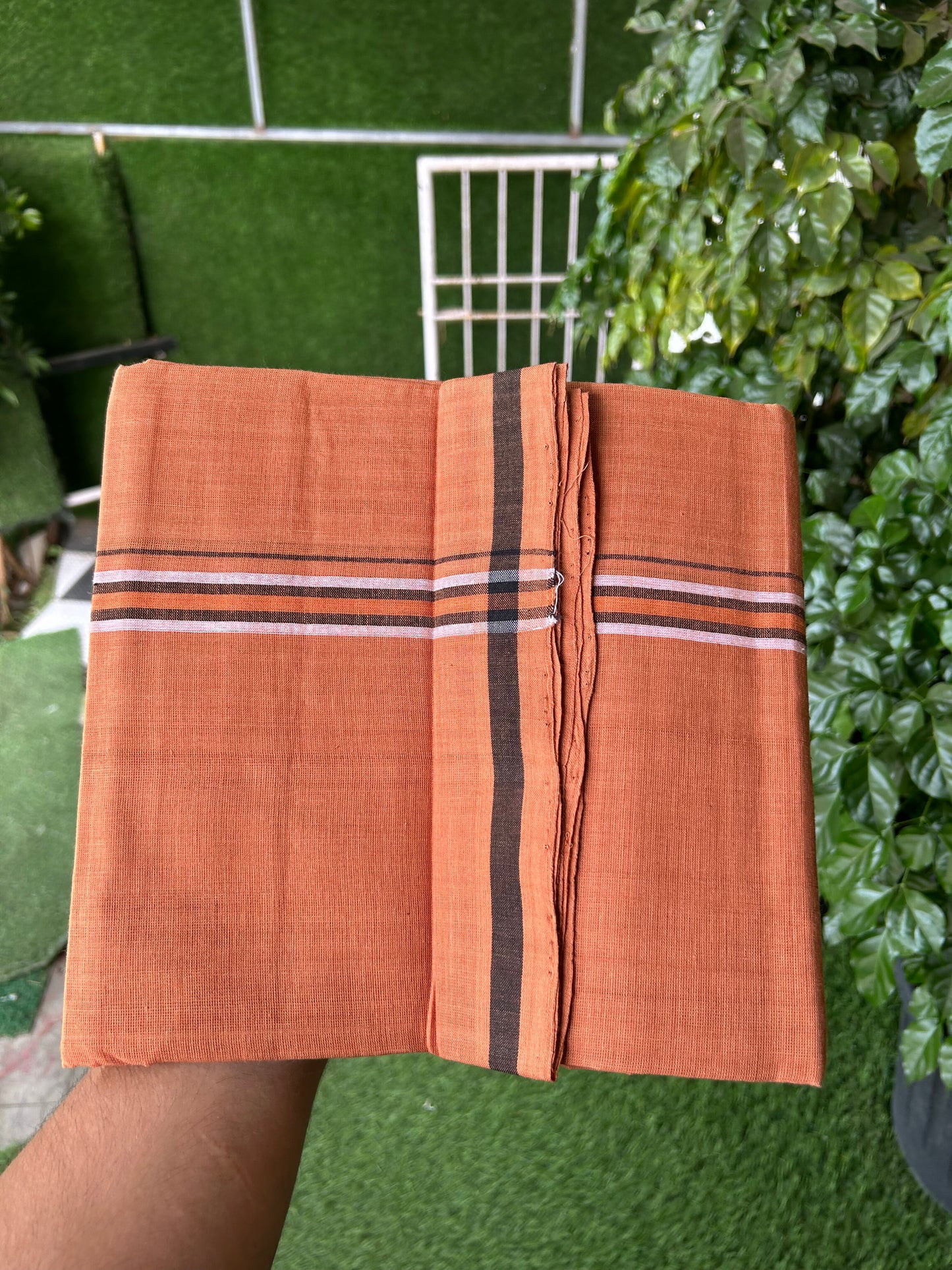 Kerala Handloom Single  - KaithariKada 100% Pure Cotton - Mundu/Dhoti Kavi Body & 1 inch Black , Orange & White Kara - (2 meter / 4 muzham)- 54 KK8051 ELA