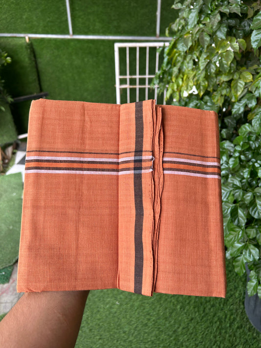 Kerala Handloom Single  - KaithariKada 100% Pure Cotton - Mundu/Dhoti Kavi Body & 1 inch Black , Orange & White Kara - (2 meter / 4 muzham)- 54 KK8051 ELA