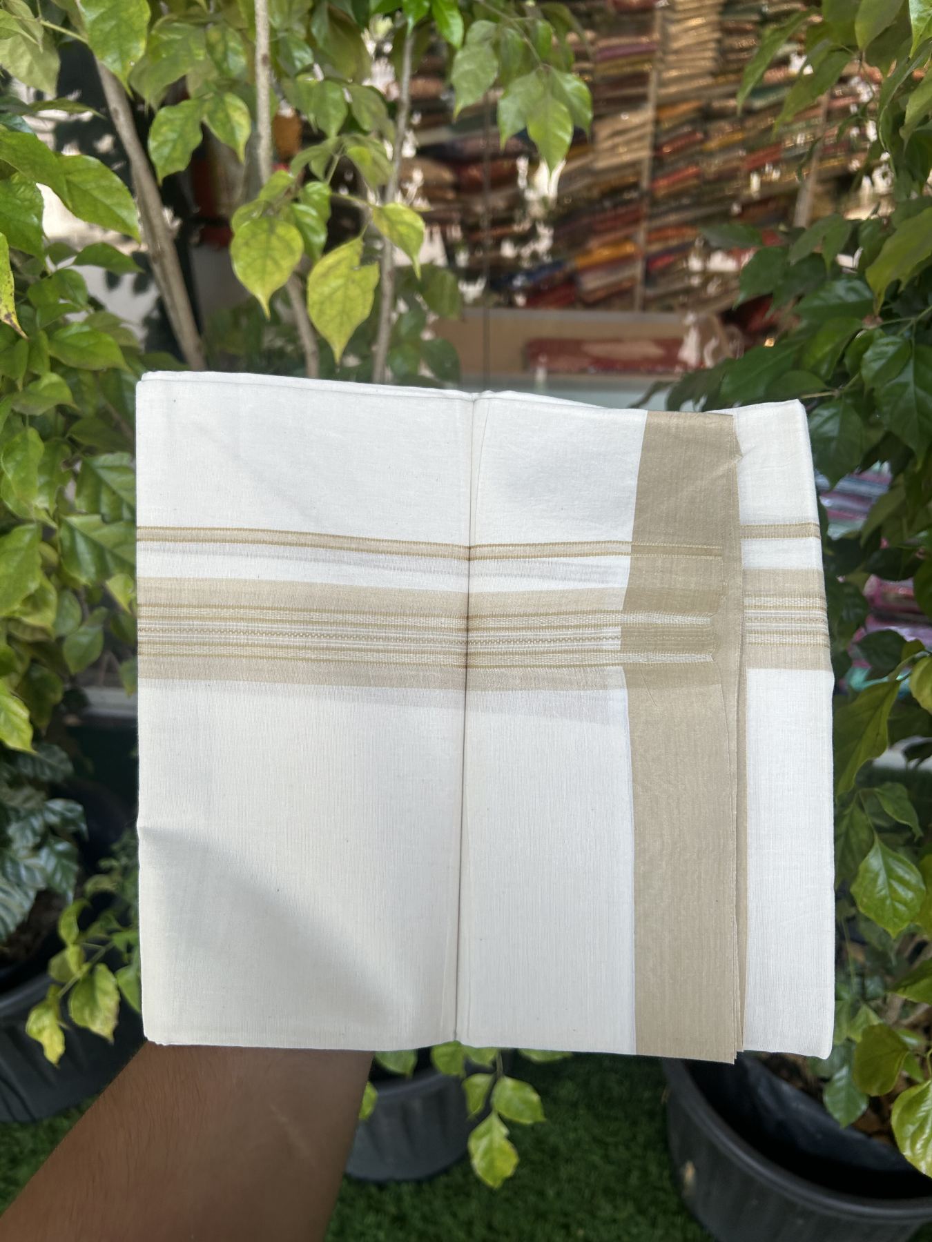 20% Discount! Kaitharikada Balaramapuram Double Off White Mundu/Dhoti - 100x80 - 1.5 Inch Sand Brown Shaded Stripes Kara 4 mtr (8.5 muzham) - 22 KK5311 VAS