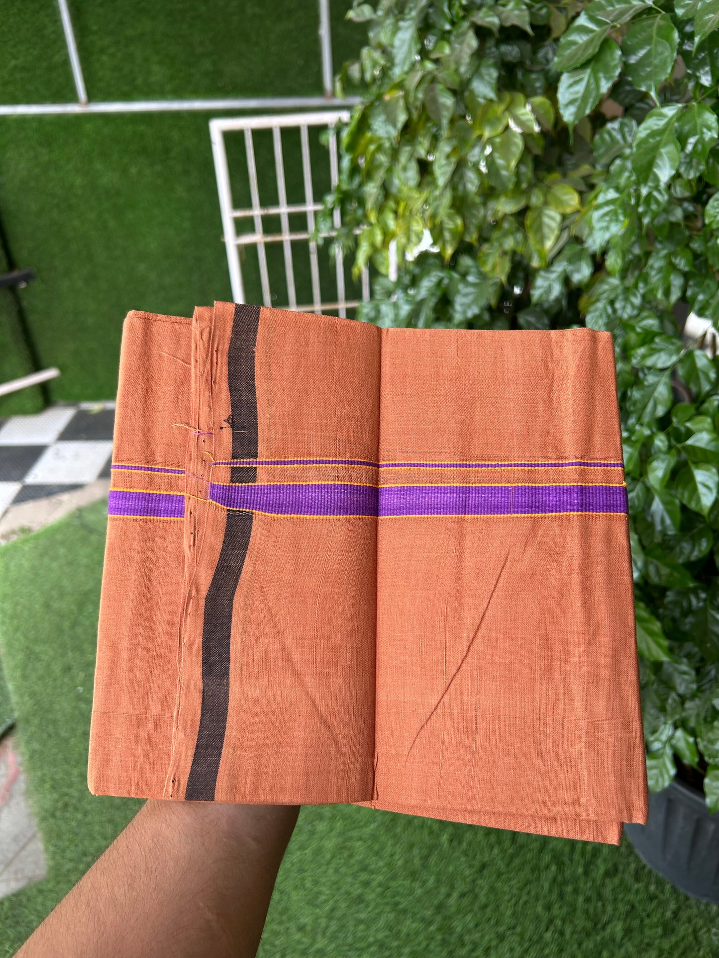 Kerala Handloom Single  - KaithariKada 100% Pure Cotton - Mundu/Dhoti Kavi Body & 0.75 inch Violet & Orange Kara - (2 meter / 4 muzham)- 32 KK8051 ELA