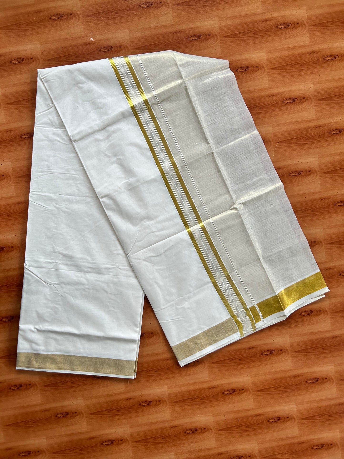 Double Off White Dhoti/Mund- 20% Discount! Kaitharikada Balaramapuram  Cotton - (60s) - 7.25 Inch Gold Kasav Tissue Striped Kara 4 mtr (8.5 muzham) - 5 KK5412 GAN