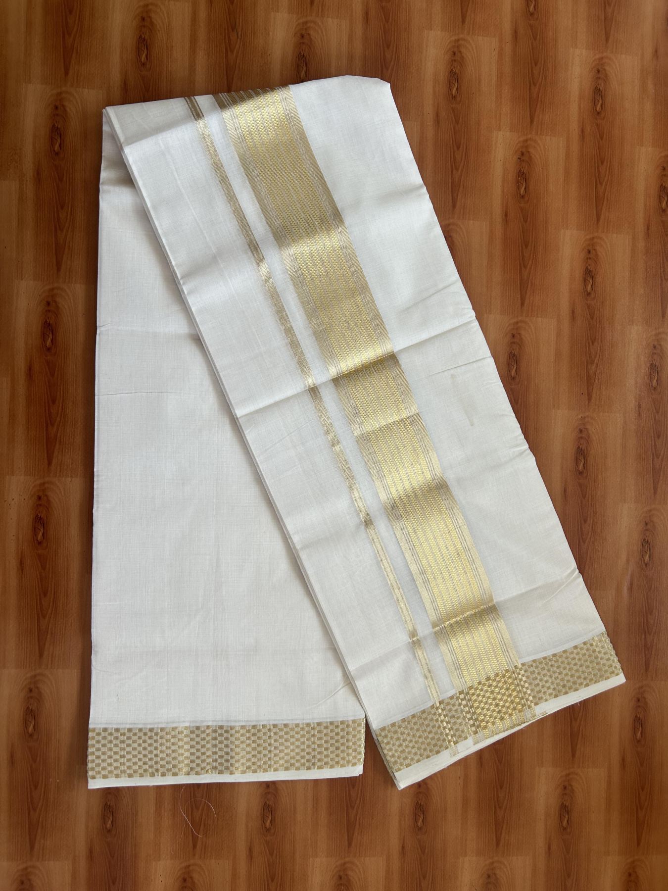 25% Discount ! KaithariKada Handloom Unakkupaav Kerala Handloom - 100% Pure Cotton Off White (Unbleached) Double Mundu/Dhoti - 100x80 - 2.5 Inch Light Gold Kasav Striped Jacquard Design Kara 4 mtr (8.5 muzham) - 25 KK5384 ABH