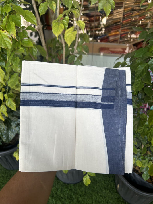 20% Discount! Kaitharikada Balaramapuram Double Off White Mundu/Dhoti -100x80 - 1.25 Inch Navy Blue Shaded Stripes Kara 4 mtr (8.5 muzham) - 16 KK5311 VAS
