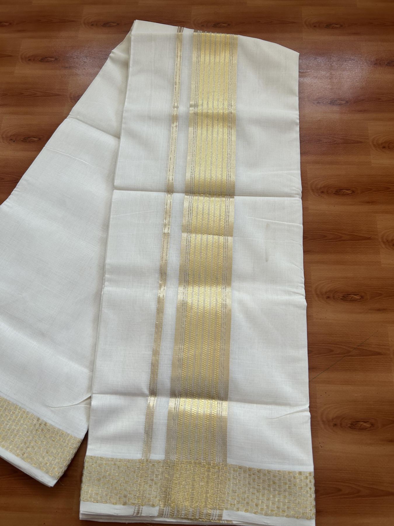 25% Discount ! KaithariKada Handloom Unakkupaav Kerala Handloom - 100% Pure Cotton Off White (Unbleached) Double Mundu/Dhoti - 100x80 - 2.5 Inch Light Gold Kasav Striped Jacquard Design Kara 4 mtr (8.5 muzham) - 25 KK5384 ABH