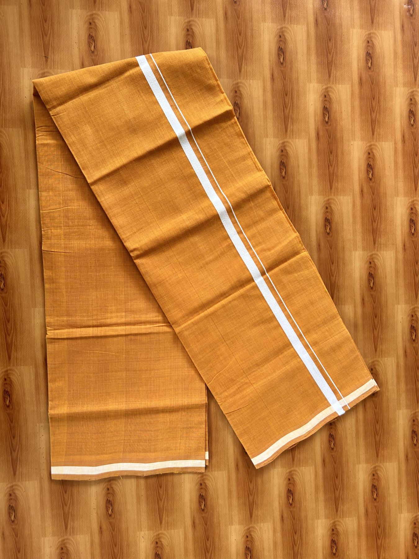 Kerala Handloom Single Kaily/Lungi - KaithariKada 100% Pure Cotton - 40s - 0.5 cm White Stripes Kara With Light Orange colour Body - (2 meter / 4 muzham) - 1 KK8065 ELA