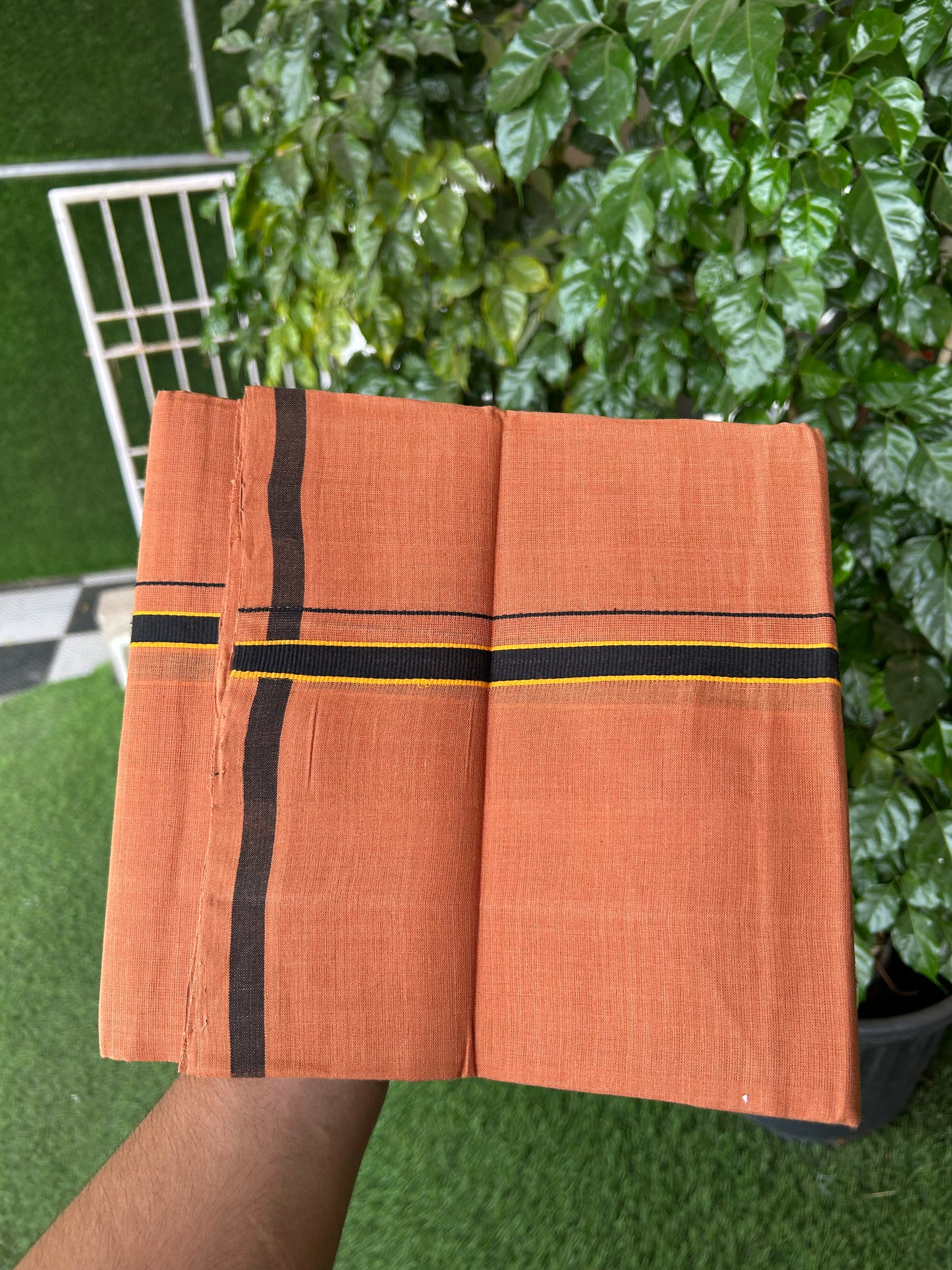 Kerala Handloom Single  - KaithariKada 100% Pure Cotton - Mundu/Dhoti Kavi Body & 0.75 inch Orange & Black Kara - (2 meter / 4 muzham)- 23 KK8051 ELA