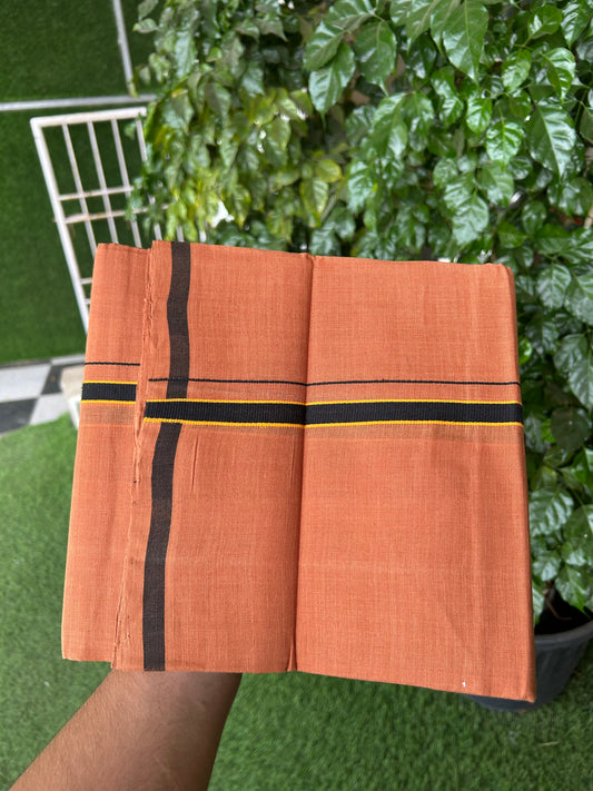 Kerala Handloom Single  - KaithariKada 100% Pure Cotton - Mundu/Dhoti Kavi Body & 0.75 inch Orange & Black Kara - (2 meter / 4 muzham)- 23 KK8051 ELA