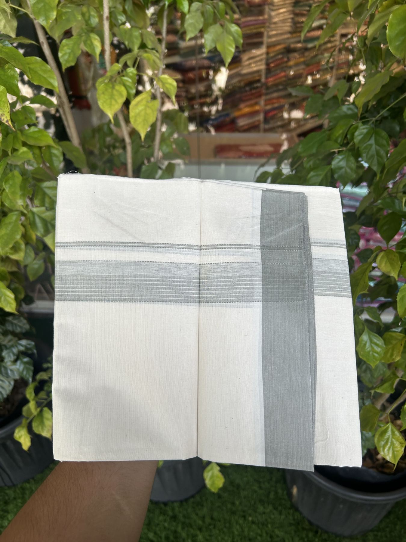 20% Discount! Kaitharikada Balaramapuram Double Off White Mundu/Dhoti -100x80 - 1.5 Inch Light Grey Shaded Stripes Kara 4 mtr (8.5 muzham) - 10 KK5311 VAS
