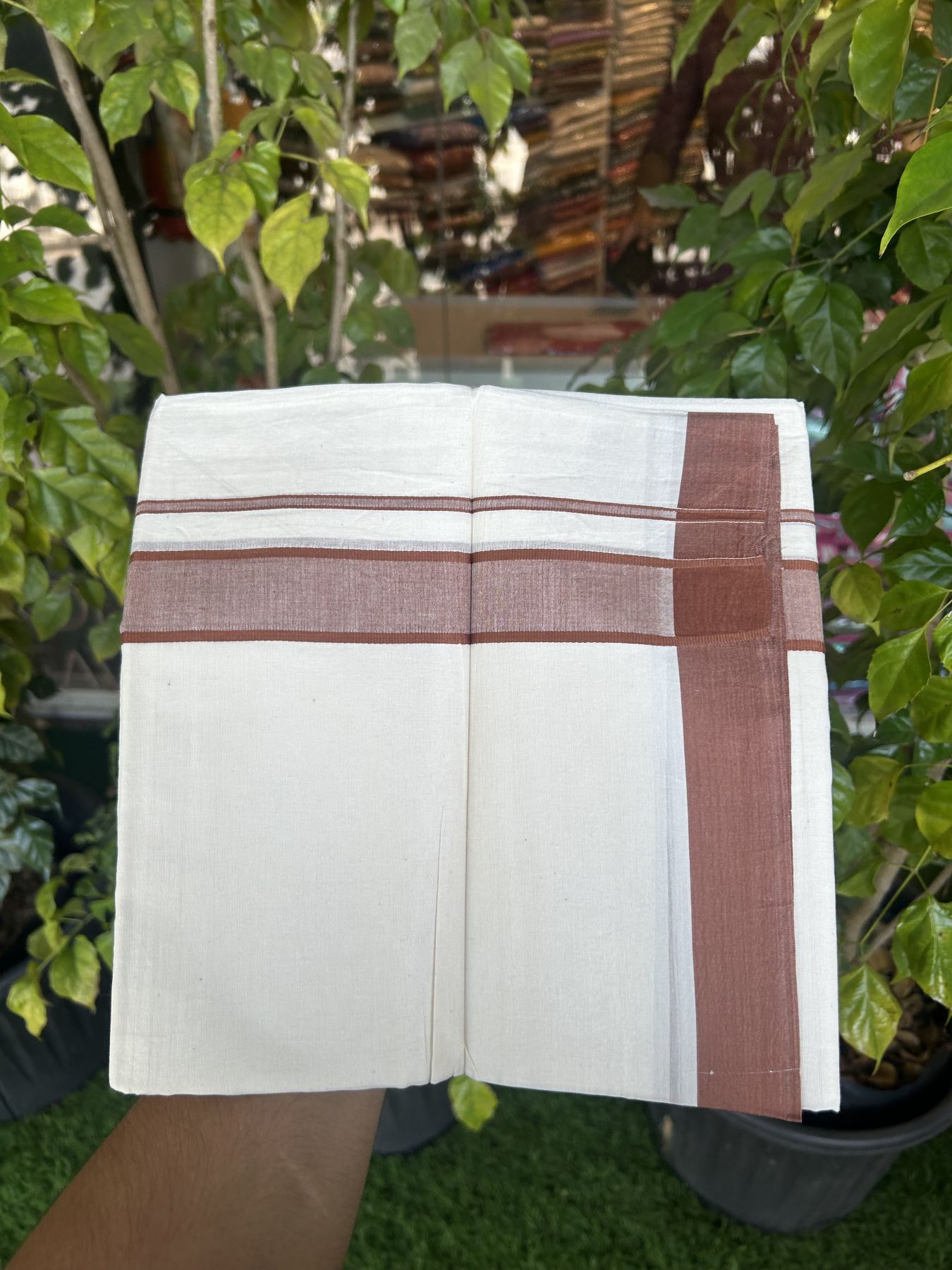 20% Discount! Kaitharikada Balaramapuram Double Off White Mundu/Dhoti -100x80 - 1.25 Inch Brown Shaded Stripes Kara 4 mtr (8.5 muzham) - 14 KK5311 VAS