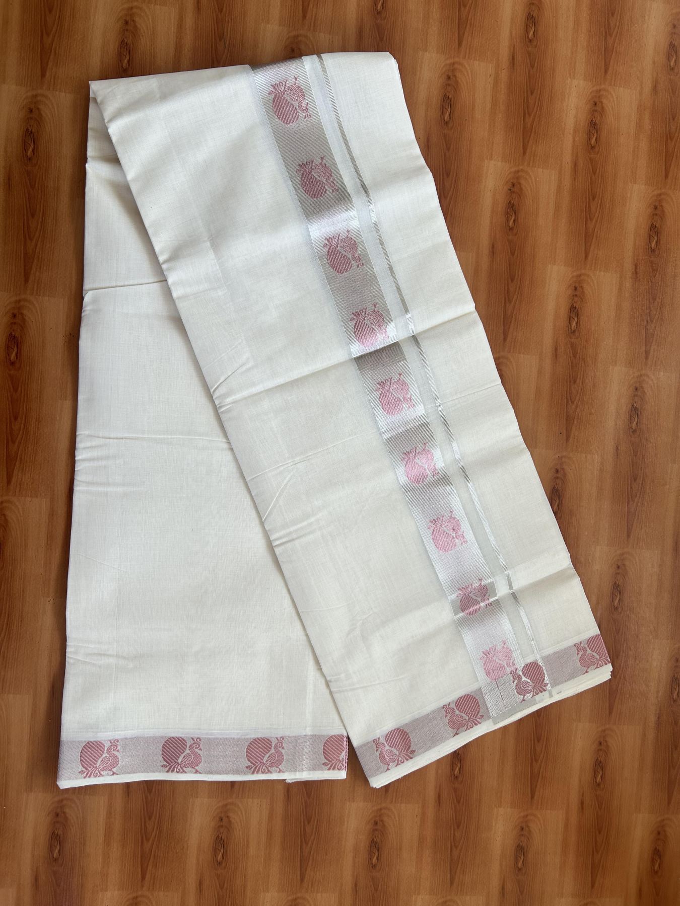 25% Discount ! Kaitharikada Handloom Unakkupaav - Kerala Handloom - 100% Pure Cotton Off White - (Unbleached) Double Mund/Dhoti - 100x80 - 1.75 inch Silver & Rose Pink Kasav Peacock Jacquard Design Kara 4 mtr (8.5 Muzham) - 38 KK5384 ABH