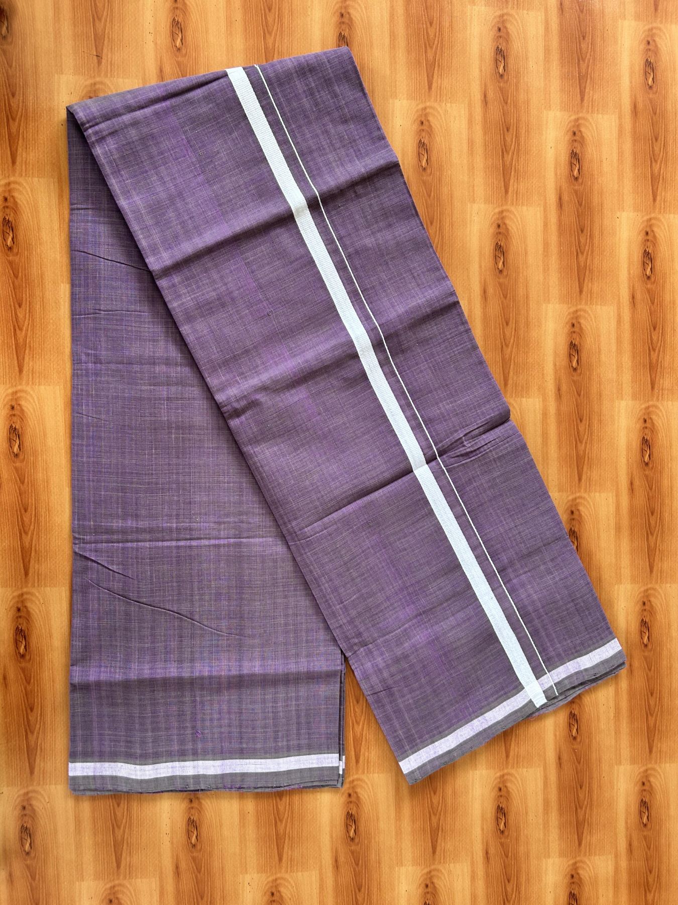 Kerala Handloom Single Kaily/Lungi - KaithariKada 100% Pure Cotton - 40s - 0.5 cm White Stripes Kara With Sage Green & Purple colour Body - (2 meter / 4 muzham) - 4 KK8065 ELA